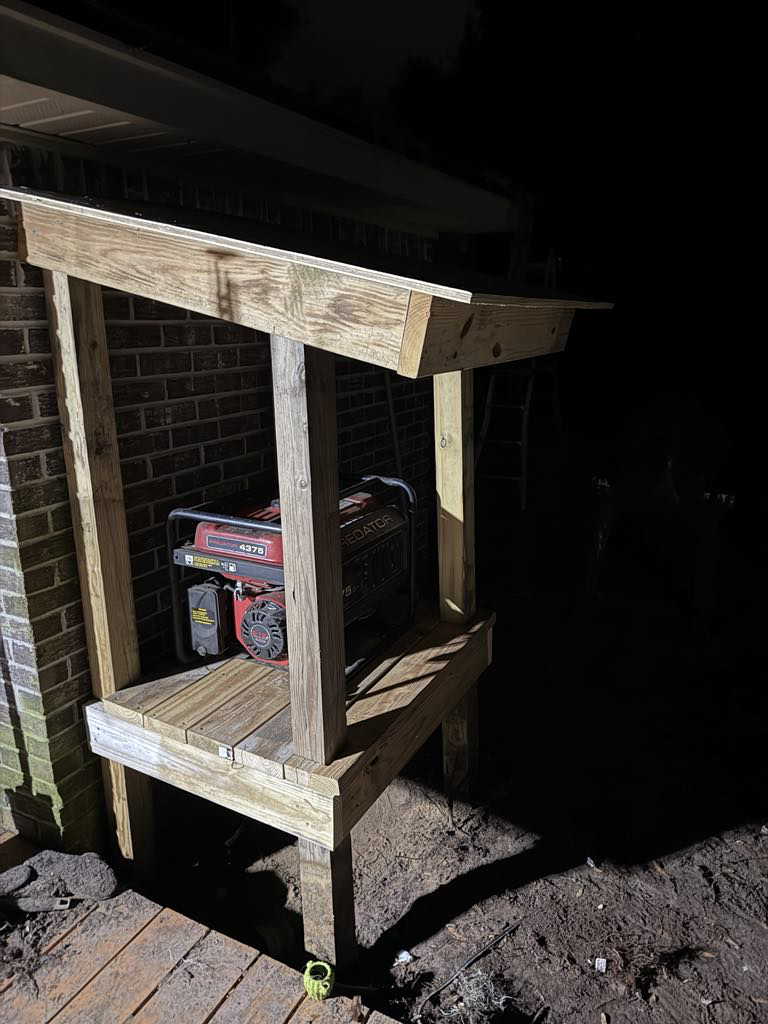 The generator stand was framed, and the generator was installed. 